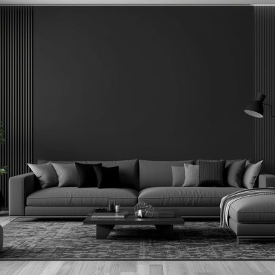 create living room poster in Black theem 10% White color